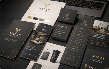 Valle Branding graphic design materials including logo guides, flyers, and business cards